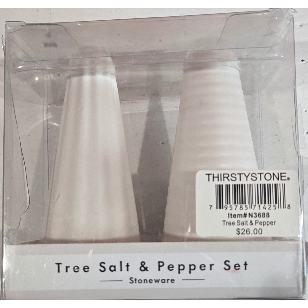 THIRSTYSTONE Tree Salt and Pepper Shakers Set NEW Stoneware White‎ Cone Shaped